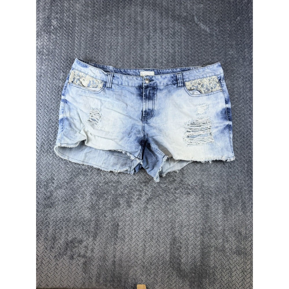 Forever 21 Denim Shorts Womens 20 Blue Cotton Floral Lace Distressed Frayed Hem